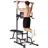 HOMCOM Torre Entrenamiento Energía Power Tower Estación Pull Up Multifuncional Ajustable en Altura con Banco Plegable Barra de Dominadas para Fitness 220x98x181-229 cm Negro(m-10)