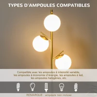 HOMCOM Lampadaire sur pied salon en métal avec 3 abat-jours globe blanc verre dépoli 40W Ø 27 x 169H cm doré(m-6)