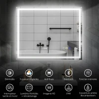 HOMCOM Miroir salle de bain LED bluetooth 80 x 100 cm interrupteur tactile lumière réglable 3 couleurs anti-buée mémoire argent(m-4)