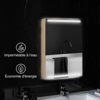 HOMCOM Armoire murale meuble salle de bain avec miroir, éclairage LED et étagères en verre réglables 50x12,5x70cm, bois naturel(m-8)