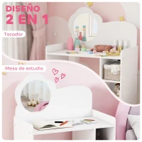 AIYAPLAY Tocador de Maquillaje Niña 2 en 1 Escritorio con Taburete Espejo Estantes Abiertos para Niños +3 Años Blanco(m-5)