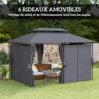 Outsunny Tonnelle de jardin extérieur barnum 3 x 4 m avec moustiquaire et lumières LED solaire, double toit, gris(m-7)