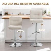 HOMCOM Juego de 2 Taburetes Altos de Cocina Giratorios Tapizados de Lino con Altura Ajustable Respaldo y Reposapiés Beige(m-5)