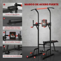 HOMCOM Torre Entrenamiento Energía Power Tower Estación Pull Up Multifuncional Ajustable en Altura con Banco Plegable Barra de Dominadas para Fitness 220x98x181-229 cm Negro(m-7)