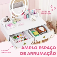 AIYAPLAY Tocador de Maquilhagem com Luzes LED de 3 Cores  Banco Espelho 2 Gavetas 2 Caixas de Armazenamento 60x30x99,3 cm Branco(m-6)