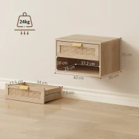 HOMCOM Set de 2 Noptiere Suspendate cu Sertar din Ratan Raft Deschis Economisire Spațiu 40x30x25 cm Stejar(m-3)