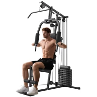 HOMCOM Máquina de Musculación con Pesas Ajustables de 45 kg Prensa de Pecho y Piernas Polea 135x103x200 cm Negro(m-9)