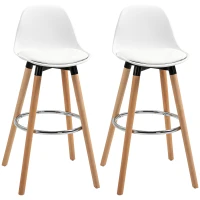HOMCOM Lot de 2 tabourets de bar, chaises de bar en PU avec dossier et repose-pieds, assise rembourrée 69 cm, pieds en bois, style moderne, tabourets hauts pour cuisine, salle à manger, salon, blanc(m-1)