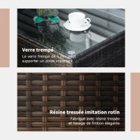 Outsunny Table Basse de Jardin Plateau Verre trempé 5 mm rotin tressé 85 x 50 x 39cm Max. 50 kg Marron(m-5)