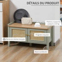 HOMCOM Banc à chaussures meuble de rangement avec étagère sur pieds 2 placards avec façades cannage poignée en alliage d'aluminium vert(m-6)