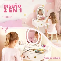 AIYAPLAY Tocador de Maquillaje Niña con Luces LED de 3 Colores Taburete Espejo 2 Cajones 2 Cajas de Almacenaje Blanco(m-5)