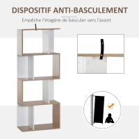 HOMCOM Bibliothèque à 4 niveaux, meuble de rangement en forme de S avec étagères, étagère de rangement pour salon, chambre bureau, 60 x 24 x 148 cm, bois naturel et blanc(m-5)