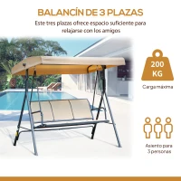 Outsunny Columpio de Jardín Exterior de 3 Plazas con Toldo Reclinable Respaldo Transpirable Marco de Acero 175x118x159 cm Beige(m-6)