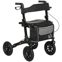 HOMCOM Deambulator pliabil 4 roți, rollator din aluminiu ușor, scaun căptușit, spătar, mânere reglabile, 69x64x98,5cm negru(m-1)