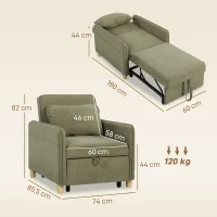 HOMCOM Sillón Cama Individual 3 en 1 Sofá Cama Plegable con Respaldo Ajustable y Cojín para Salón 74x85,5x82 cm Marrón(m-3)