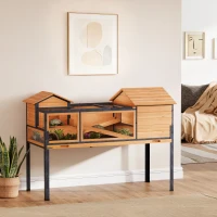 PawHut Casă pentru țestoase cu 2 etaje 2 camere ferestre rampe acoperiș rabatabil și tavă 128 x 63 x 96 cm galben(m-2)
