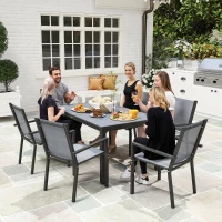 Outsunny Set da Giardino con 6 Sedie Impilabili e Tavolo da Pranzo Rettangolare, Grigio Chiaro(m-7)