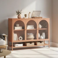HOMCOM Buffet salon, meuble de rangement avec 3 portes vitrées cintrées et étagère ouverte, 140 x 40 x 105 cm, rouille(m-2)