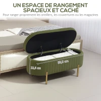 HOMCOM Banc de rangement, bout de lit en velours avec couvercle, pieds en métal, capacité 72 L, 108x44x43,5cm, vert foncé(m-6)