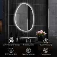 HOMCOM badkamerspiegel met LED‑verlichting en instelbare kleur en temperatuur, van gehard glas, 80x5x60 cm, Silber(m-8)