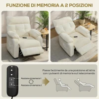 HOMCOM Poltrona Reclinabile 150° Effetto Velluto con Poggiapiedi, Telecomando e Tasca Laterale, 96x90x105 cm, Bianca(m-7)