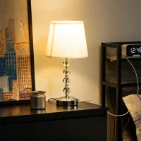 HOMCOM Lampada da Tavolo con Cristalli e Porta USB, in Metallo, Vetro e Poliestere, Ø23x45 cm, Bianco e Argento(m-11)