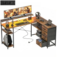HOMCOM Mesa Gamer em L Escrivaninha com Tomada Integrada Iluminação LED 4 Gavetas Suporte para Monitor 155x110x91,4 cm Castanho(m-7)