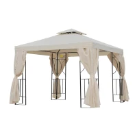 Outsunny Cenador de Jardín 3x3 m Pabellón para Exterior con Doble Techo de Ventilación y 4 Cortinas Laterales Extraíbles de Cremallera Gazebo para Terraza Patio Exterior Crema(m-1)