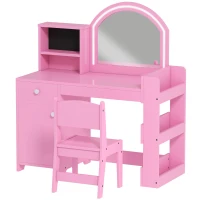 AIYAPLAY Kids Vanity Table and Chair Set, Girls Dressing Table with 2-Colour LED Mirror, Stool, Cabinet, Drawer, Shelves, Pink(m-1)