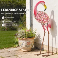 Outsunny Flamingo tuinstatuetten set van 2, bloemige veren metalen vogels, staande sculpturen met grondankers, rood(m-4)