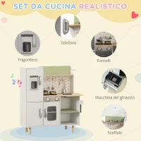 AIYAPLAY Cucina Giocattolo per Bambini 3-6 Anni con Macchina del Ghiaccio e Utensili, 84x34x89 cm, Bianco e Verde(m-4)