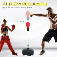 HOMCOM Punching Ball ad Altezza Regolabile con Guanti Boxe, in Acciaio, Finta Pelle e PE, Ø48x136-154 cm, Nero e Rosso(m-5)