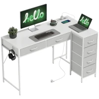 HOMCOM Reversibler Eckschreibtisch mit 6 Schubladen 126x48 cm mit Stromanschluss Puerto de Carga USB und USB-C Weiß(m-7)