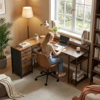 HOMCOM Bureau Gaming en L Bureau avec prise électrique Éclairage LED 4 tiroirs Support d'écran 155x110x91,4 cm Brun(m-5)