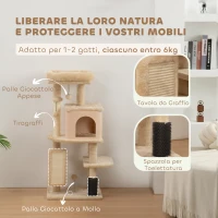 PawHut Albero per Gatti Multilivello Alto 132 cm con Casetta, Lettino, Pali Tiragraffi, Spazzola e Pallina, Beige(m-5)