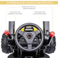 HOMCOM Tractor Excavadora Eléctrico para Niños de +3 Años Vehículo Infantil con Batería 6V Pala Música y Luces Velocidad de 2 Niveles 132x62x65 cm Negro y Amarillo(m-6)