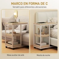 HOMCOM Mesa Auxiliar en Forma de C con Ruedas Estantes Abiertos y Marco de Acero para Salón Dormitorio 51x33x66cm Natural y Blanco(m-4)