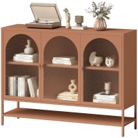 HOMCOM Buffet salon, meuble de rangement avec 3 portes vitrées cintrées et étagère ouverte, 140 x 40 x 105 cm, rouille