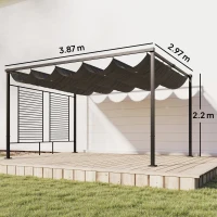 Outsunny Pergolă 3,87 x 2,97 m - copertină pentru terasă cu acoperiș glisant, 2 panouri de intimitate, UV50+ gri închis(m-3)