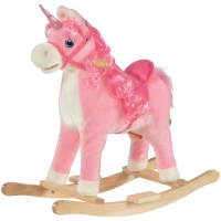 HOMCOM Cavallo a Dondolo per Bambini 36-72 Mesi, Unicorno a Dondolo con Suoni in Legno e Peluche Rosa, 74x33x62cm(m-1)