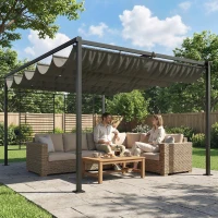 Outsunny Pergola 3,87 x 2,97 m couverture de terrasse avec toit coulissant, 2 panneaux d'intimité, UV 50+, gris foncé(m-2)