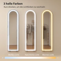 HOMCOM Ganzkörperspiegel mit LED-Lichtern, 150 x 40 cm, bogenförmig, dimmbar, 3 Lichtfarben, freistehend oder Wandmontage, Weiß(m-4)