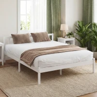 HOMCOM Cadru de pat din lemn masiv 140x190 cm pat simplu cu tăblie și somieră cu lamele solidă pentru copii și adulți(m-5)