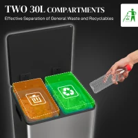 HOMCOM Mülleimer mit 2x30L Fächern, Soft-Close-Deckel, Fingerabdrucksicher, Edelstahl, Silber(m-4)