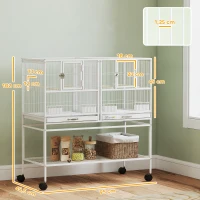 PawHut Großer Vogelkäfig mit Trennwand Rollen 4 Futternäpfe 4 Sitzstangen Ablage 2 herausnehmbare Schalen 95x45,5x102 cm Weiß(m-3)