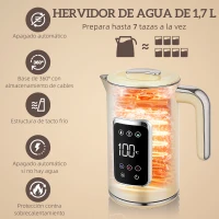 HOMCOM Set Desayuno con Pantalla LED Táctil Hervidor de Agua 1,7L 2200W Tostadora Pan Ranura Ancha 2 Rebanadas Crema(m-4)