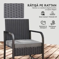 Outsunny Set de Grădină 3 Piese din Rattan PE și Oțel, Set cu 2 Fotolii cu Perne Lavabile și Măsuță de Cafea cu Blat din Sticlă, Set de Mobilier pentru Balcon, Terasă sau Curte, Gri Închis și Negru(m-5)