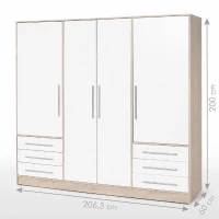Armoire 4 portes battantes + 6 tiroirs - Chene et blanc - L 206 x P 60 x H 200 cm - JUPITER(m-4)