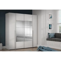 Armoire NARAGO - Décor Blanc mat - 2 portes coulissantes + miroir + 2 portes battantes + 2 penderies - L200 x P61 x H210 cm(m-2)