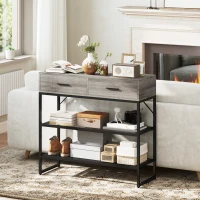 HOMCOM Console Table with 2 Drawers and 2 Mesh Shelves, Hallway Table with Metal Frame for Living Room, Entryway, Light Grey Wood Effect(m-6)